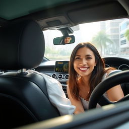 A person smiling happily while sitting in a luxurious Mercedes-Benz car, showcasing the elegant interior and sophisticated design of the vehicle