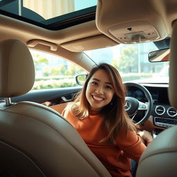 A person smiling happily while sitting in a luxurious Mercedes-Benz car, showcasing the elegant interior and sophisticated design of the vehicle