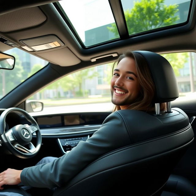 A person smiling happily while sitting in a luxurious Mercedes-Benz car, showcasing the elegant interior and sophisticated design of the vehicle