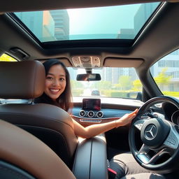 A person smiling happily while sitting in a luxurious Mercedes-Benz car, showcasing the elegant interior and sophisticated design of the vehicle