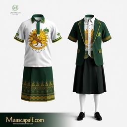 A school uniform design inspired by Mazandaran culture, featuring a pattern of a lion and sun, symbolizing strength and heritage