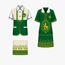 A school uniform design inspired by Mazandaran culture, featuring a pattern of a lion and sun, symbolizing strength and heritage