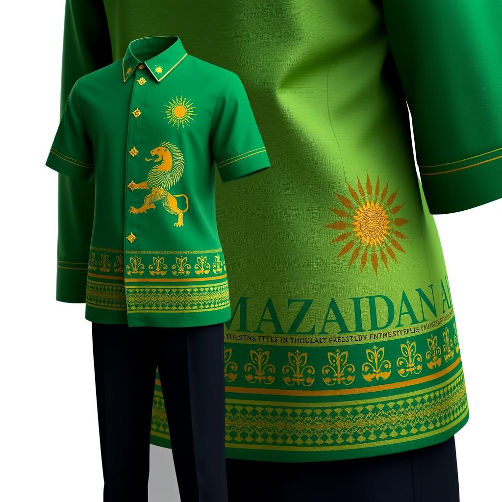 A school uniform design inspired by Mazandaran culture, featuring a pattern of a lion and sun, symbolizing strength and heritage