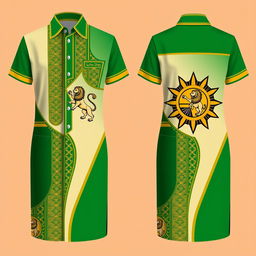 A school uniform design inspired by Mazandaran culture, featuring a pattern of a lion and sun, symbolizing strength and heritage
