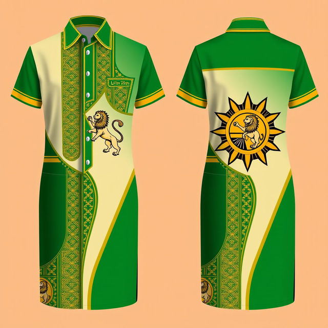 A school uniform design inspired by Mazandaran culture, featuring a pattern of a lion and sun, symbolizing strength and heritage