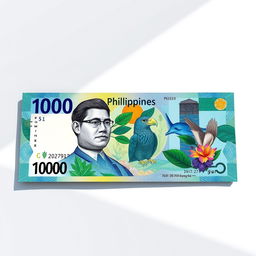 A beautifully illustrated depiction of the 1000 Philippine peso bill, showcasing the vibrant details including the portrait of Jose Rizal, the Philippine eagle, and lush elements of nature