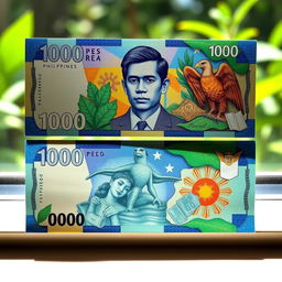 A beautifully illustrated depiction of the 1000 Philippine peso bill, showcasing the vibrant details including the portrait of Jose Rizal, the Philippine eagle, and lush elements of nature