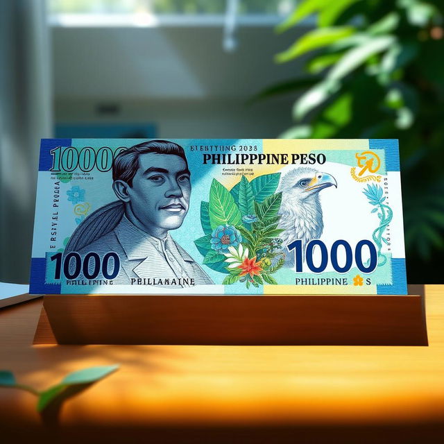 A beautifully illustrated depiction of the 1000 Philippine peso bill, showcasing the vibrant details including the portrait of Jose Rizal, the Philippine eagle, and lush elements of nature