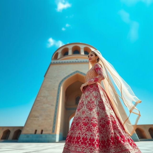 A beautiful Iranian wedding dress with intricate traditional patterns, elegantly designed, worn by a bride standing in front of the iconic Azadi Tower in Iran