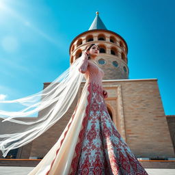 A beautiful Iranian wedding dress with intricate traditional patterns, elegantly designed, worn by a bride standing in front of the iconic Azadi Tower in Iran