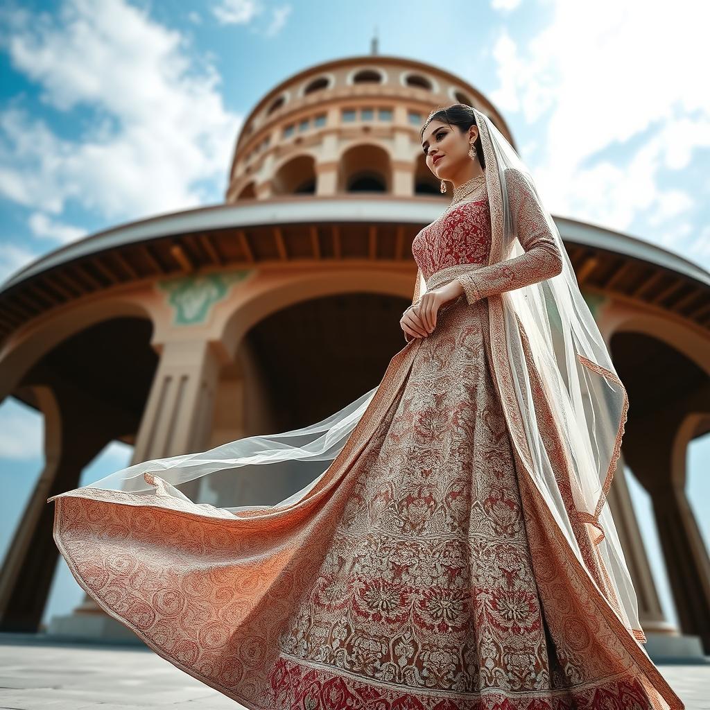 A beautiful Iranian wedding dress with intricate traditional patterns, elegantly designed, worn by a bride standing in front of the iconic Azadi Tower in Iran