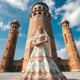 A beautiful Iranian wedding dress with intricate traditional patterns, elegantly designed, worn by a bride standing in front of the iconic Azadi Tower in Iran