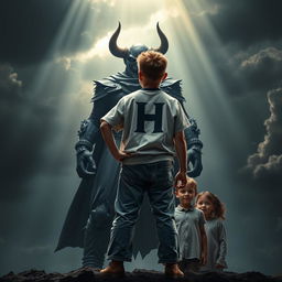 A powerful and dramatic scene featuring an 18-year-old heroic boy standing tall, facing an ordinary adult villain who symbolizes injustice