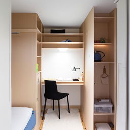 A small, compact 10x11 room equipped with a single bed, wardrobe, study table, and a design table neatly arranged.