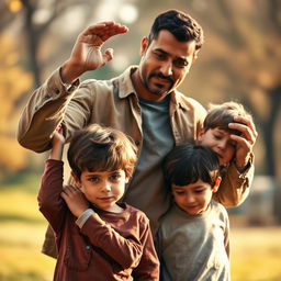 A compassionate scene depicting a strong adult man helping children escape from an abusive situation