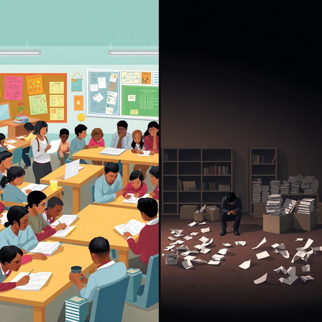 A split scene illustrating the contrast between education and illiteracy: on one side, a vibrant classroom filled with engaged students of diverse backgrounds, deep in study with books, laptops, and a dedicated teacher explaining a lesson with enthusiasm