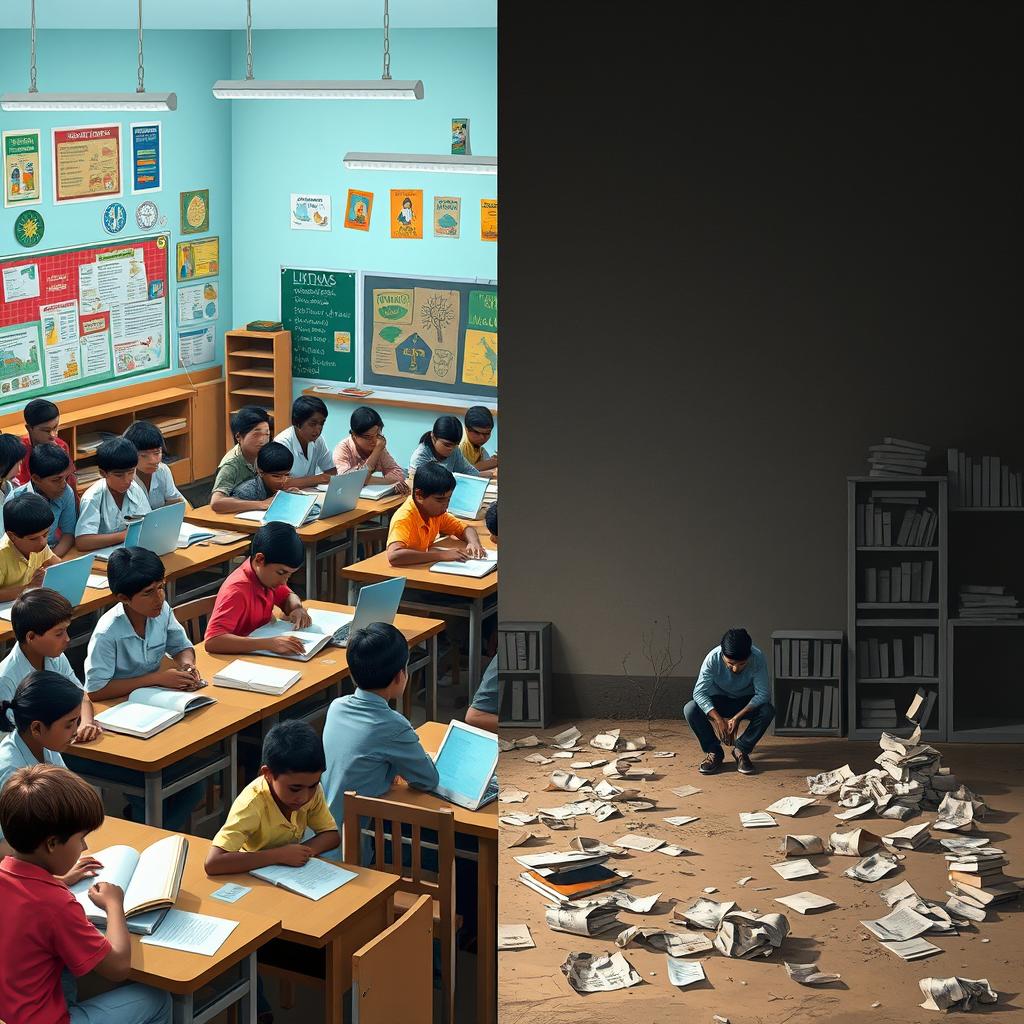 A split scene illustrating the contrast between education and illiteracy: on one side, a vibrant classroom filled with engaged students of diverse backgrounds, deep in study with books, laptops, and a dedicated teacher explaining a lesson with enthusiasm