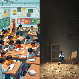 A split scene illustrating the contrast between education and illiteracy: on one side, a vibrant classroom filled with engaged students of diverse backgrounds, deep in study with books, laptops, and a dedicated teacher explaining a lesson with enthusiasm