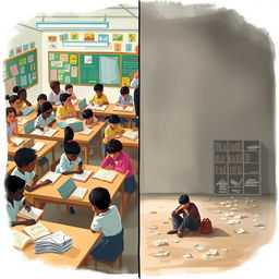 A split scene illustrating the contrast between education and illiteracy: on one side, a vibrant classroom filled with engaged students of diverse backgrounds, deep in study with books, laptops, and a dedicated teacher explaining a lesson with enthusiasm