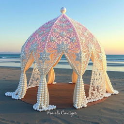 A tent made entirely of shimmering pearls, with intricate patterns and designs, set in a serene landscape