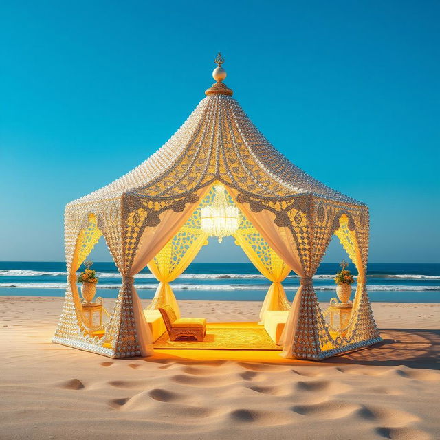 A tent made entirely of shimmering pearls, with intricate patterns and designs, set in a serene landscape