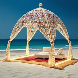 A tent made entirely of shimmering pearls, with intricate patterns and designs, set in a serene landscape