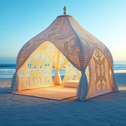 A tent made entirely of shimmering pearls, with intricate patterns and designs, set in a serene landscape