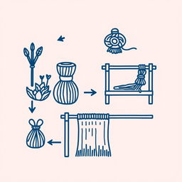 A detailed dark blue line art illustration depicting the process of transforming fiber into fabric