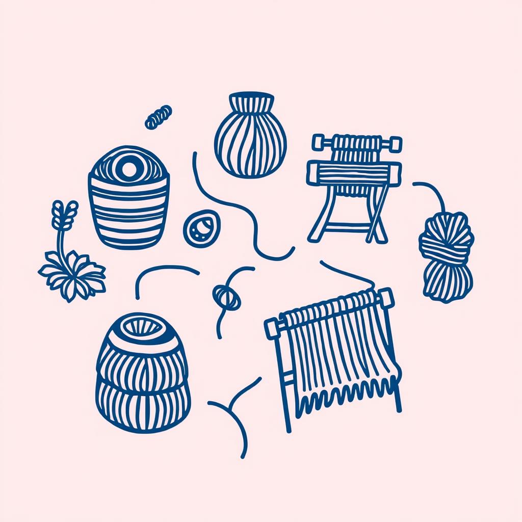A detailed dark blue line art illustration depicting the process of transforming fiber into fabric