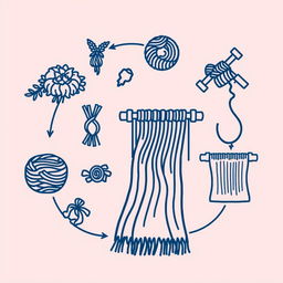 A detailed dark blue line art illustration depicting the process of transforming fiber into fabric