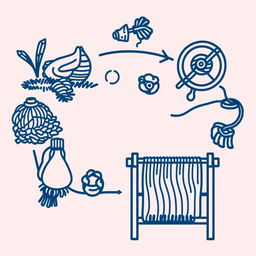 A detailed dark blue line art illustration depicting the process of transforming fiber into fabric