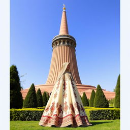 A beautiful long Iranian wedding dress featuring intricate traditional designs, elegantly displayed in front of the iconic Azadi Tower in Tehran