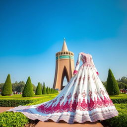 A beautiful long Iranian wedding dress featuring intricate traditional designs, elegantly displayed in front of the iconic Azadi Tower in Tehran