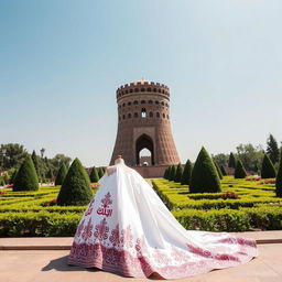 A beautiful long Iranian wedding dress featuring intricate traditional designs, elegantly displayed in front of the iconic Azadi Tower in Tehran