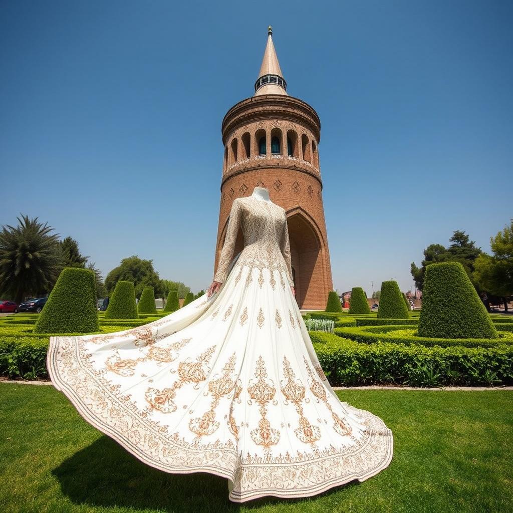 A beautiful long Iranian wedding dress featuring intricate traditional designs, elegantly displayed in front of the iconic Azadi Tower in Tehran