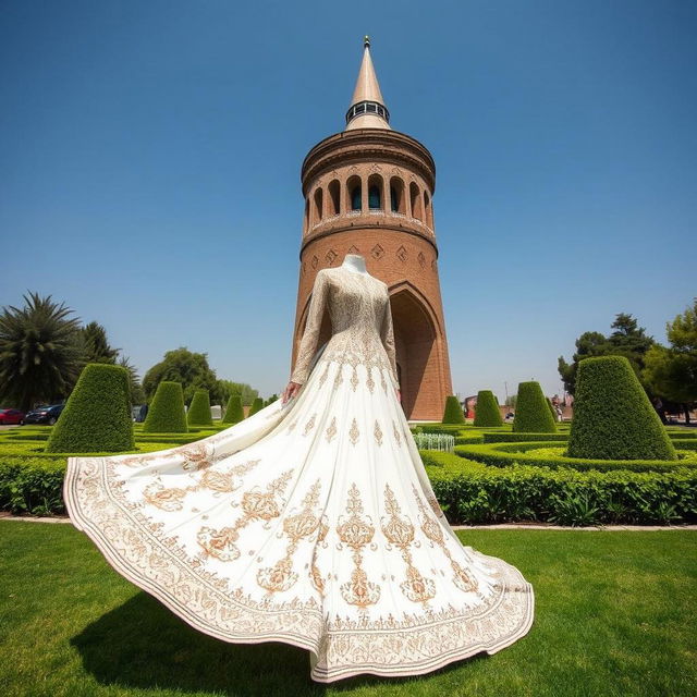 A beautiful long Iranian wedding dress featuring intricate traditional designs, elegantly displayed in front of the iconic Azadi Tower in Tehran
