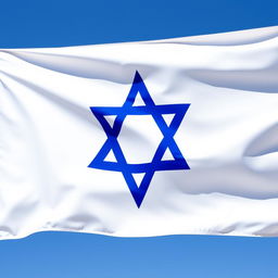 A detailed representation of the Israel flag, featuring the blue star of David in the center, surrounded by two horizontal blue stripes on a white background