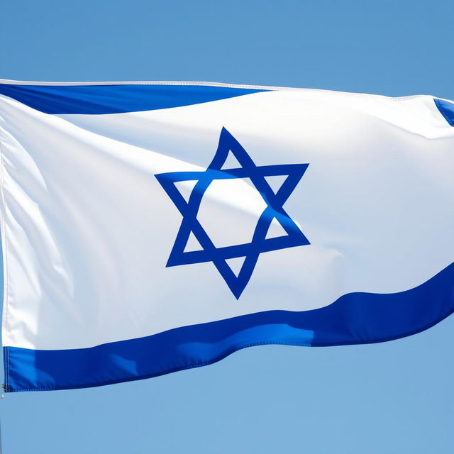 A detailed representation of the Israel flag, featuring the blue star of David in the center, surrounded by two horizontal blue stripes on a white background