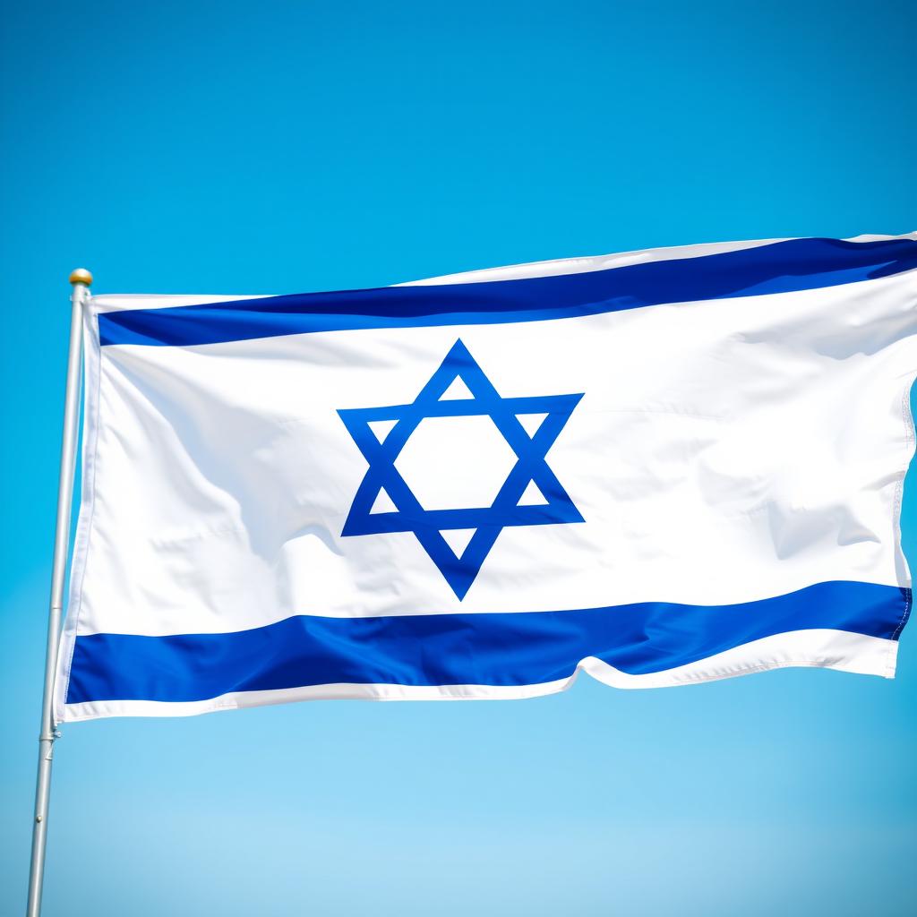 A detailed representation of the Israel flag, featuring the blue star of David in the center, surrounded by two horizontal blue stripes on a white background