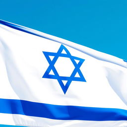 A detailed representation of the Israel flag, featuring the blue star of David in the center, surrounded by two horizontal blue stripes on a white background