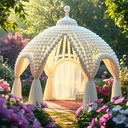 A stunning tent constructed entirely from lustrous pearls, designed with elegant curves and intricate patterns