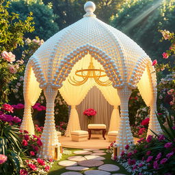 A stunning tent constructed entirely from lustrous pearls, designed with elegant curves and intricate patterns