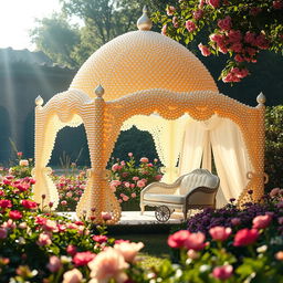 A stunning tent constructed entirely from lustrous pearls, designed with elegant curves and intricate patterns