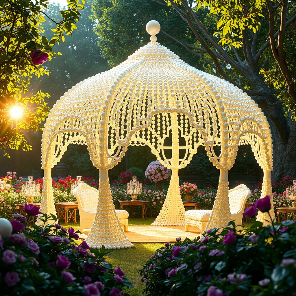 A stunning tent constructed entirely from lustrous pearls, designed with elegant curves and intricate patterns