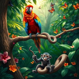 A vibrant tropical rainforest scene featuring a stunningly colorful parrot perched on a branch, showcasing its bright feathers in shades of red, blue, and yellow