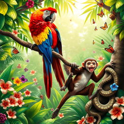 A vibrant tropical rainforest scene featuring a stunningly colorful parrot perched on a branch, showcasing its bright feathers in shades of red, blue, and yellow
