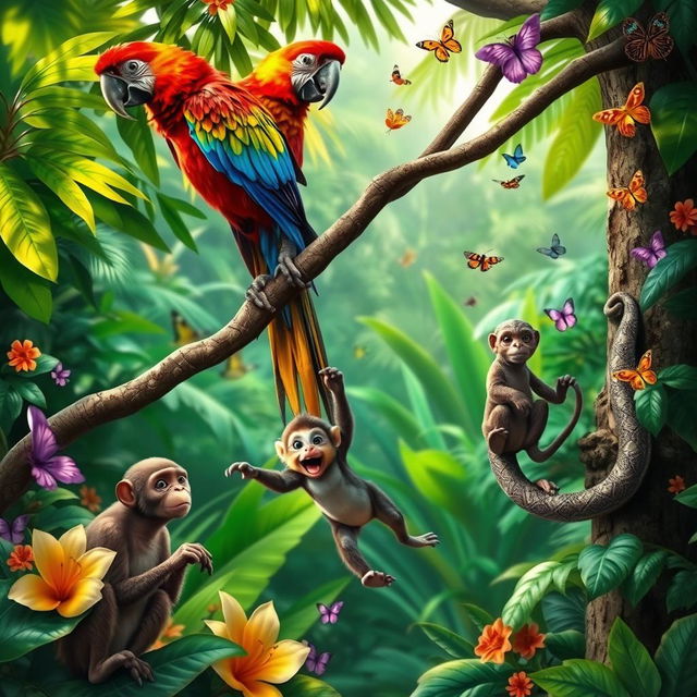 A vibrant tropical rainforest scene featuring a stunningly colorful parrot perched on a branch, showcasing its bright feathers in shades of red, blue, and yellow