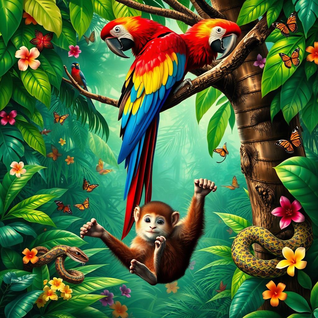 A vibrant tropical rainforest scene featuring a stunningly colorful parrot perched on a branch, showcasing its bright feathers in shades of red, blue, and yellow