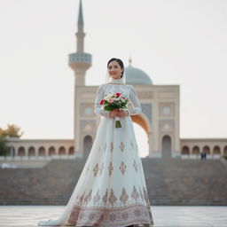 A beautiful Iranian bride wearing a simple, elegant, long wedding dress adorned with traditional Persian designs