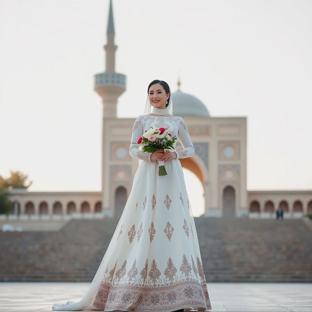 A beautiful Iranian bride wearing a simple, elegant, long wedding dress adorned with traditional Persian designs